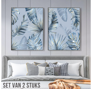 Allernieuwste.nl® Canvas Schilderijen 2 STUKS Monstera Palm Bladeren - Abstract - Kleur Blauw - 2 stuks elk 50 x 70 cm