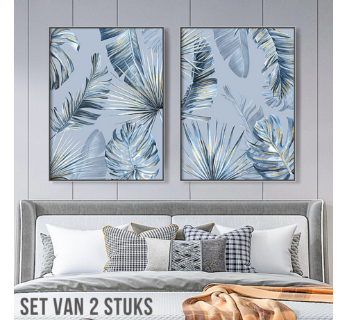Allernieuwste.nl® Allernieuwste.nl® Canvas Schilderijen 2 STUKS Monstera Palm Bladeren - Abstract - Kleur Blauw - 2 stuks elk 50 x 70 cm