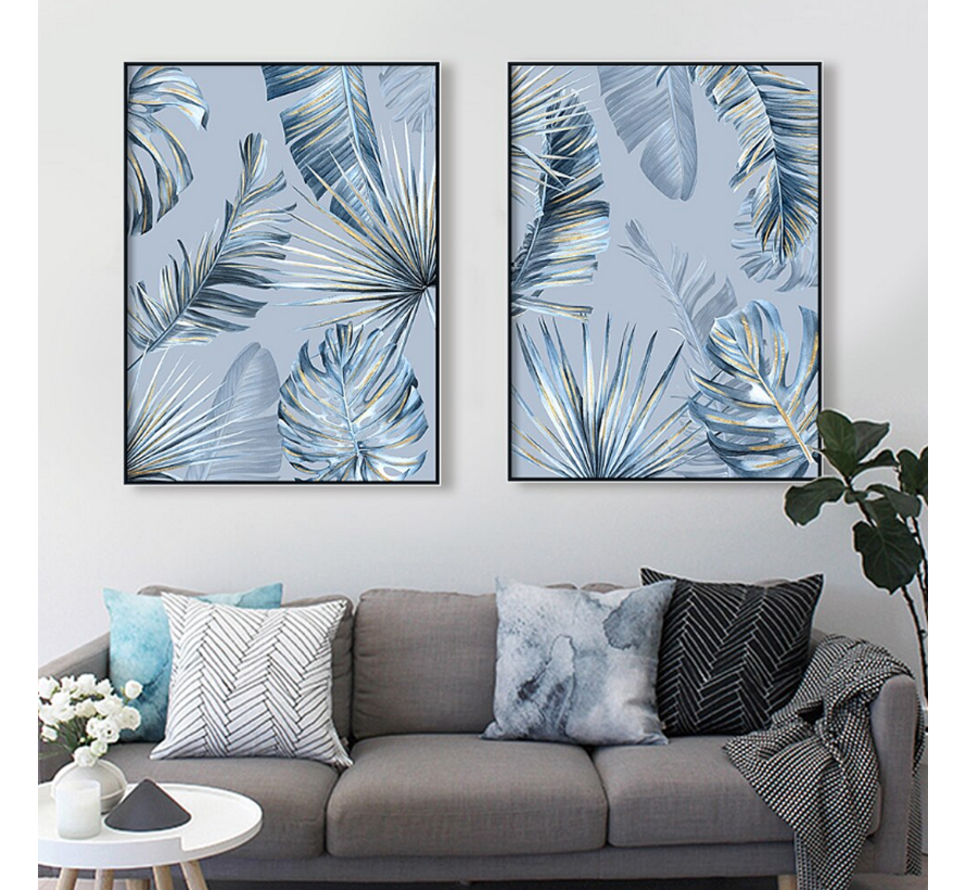 Allernieuwste.nl® Canvas Schilderijen 2 STUKS Monstera Palm Bladeren - Abstract - Kleur Blauw - 2 stuks elk 50 x 70 cm