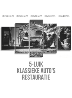 Allernieuwste.nl® Canvas Schilderij 5-luik Classic Auto Restauratie - Sport - Garage - Poster - 80 x 150 cm - Zwart Wit