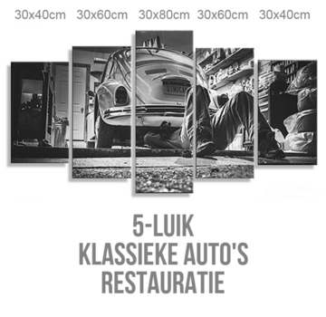 Allernieuwste.nl® Canvas Schilderij 5-luik Classic Auto Restauratie - Sport - Garage - Poster - 80 x 150 cm - Zwart Wit