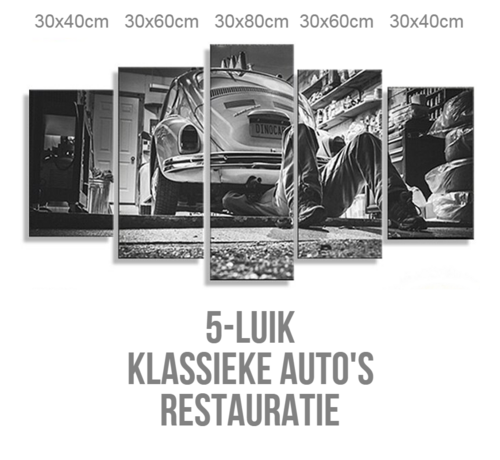 Allernieuwste.nl® Allernieuwste.nl® Canvas Schilderij 5-luik Classic Auto Restauratie - Sport - Garage - Poster - 80 x 150 cm - Zwart Wit