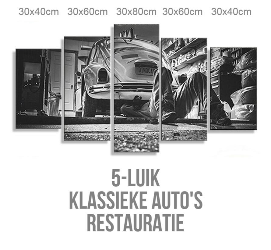 Allernieuwste.nl® Canvas Schilderij 5-luik Classic Auto Restauratie - Sport - Garage - Poster - 80 x 150 cm - Zwart Wit