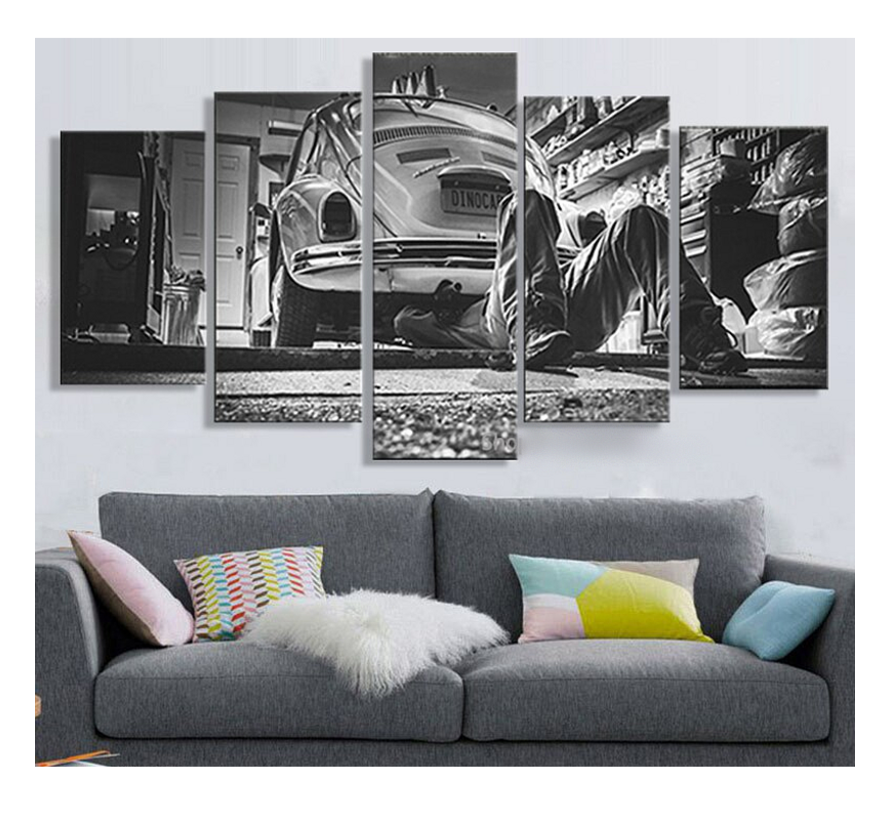 Allernieuwste.nl® Canvas Schilderij 5-luik Classic Auto Restauratie - Sport - Garage - Poster - 80 x 150 cm - Zwart Wit