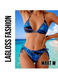 LaGloss 2-delige Halter Bikini Set in Blauw Marmer met Gouden Accenten – Maat M