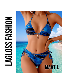 LaGloss 2-delige Halter Bikini Set in Blauw Marmer met Gouden Accenten – Maat L