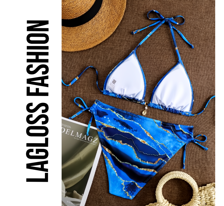 LaGloss® 2-delige Halter Bikini Set in Blauw Marmer met Gouden Accenten – Haltertop met Schelphanger en Verstelbare Strikbandjes – Strandmode – Beach Fashion – Maat XL
