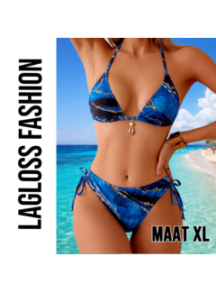 LaGloss 2-delige Halter Bikini Set in Blauw Marmer met Gouden Accenten – Maat XL