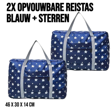 Allernieuwste.nl® 2 Stuks Opvouwbare Reistas Blauw + Sterren - Handbagage Weekendtas - 46 x 29 x 14 cm