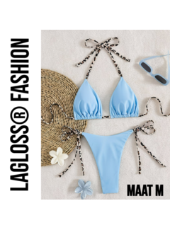 LaGloss Dames Lichtblauw kleurige Bikini Set met Luipaardprint Bindkoorden - Maat M