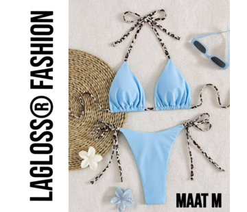 LaGloss Dames Lichtblauw kleurige Bikini Set met Luipaardprint Bindkoorden - Maat M