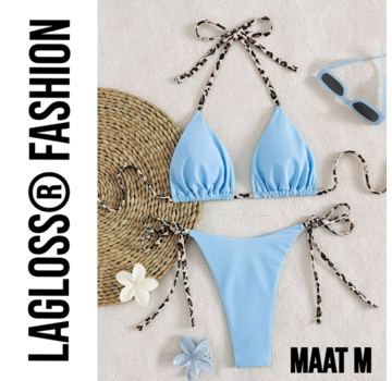 LaGloss Dames Lichtblauw kleurige Bikini Set met Luipaardprint Bindkoorden - Maat M