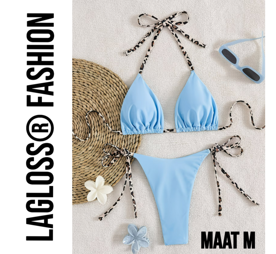 LaGloss® Dames Lichtblauw kleurige Bikini Set met Luipaardprint Bindkoorden - Halter Top – String Broekje – Low Waist – Zomer – Beach Fashion – Maat M