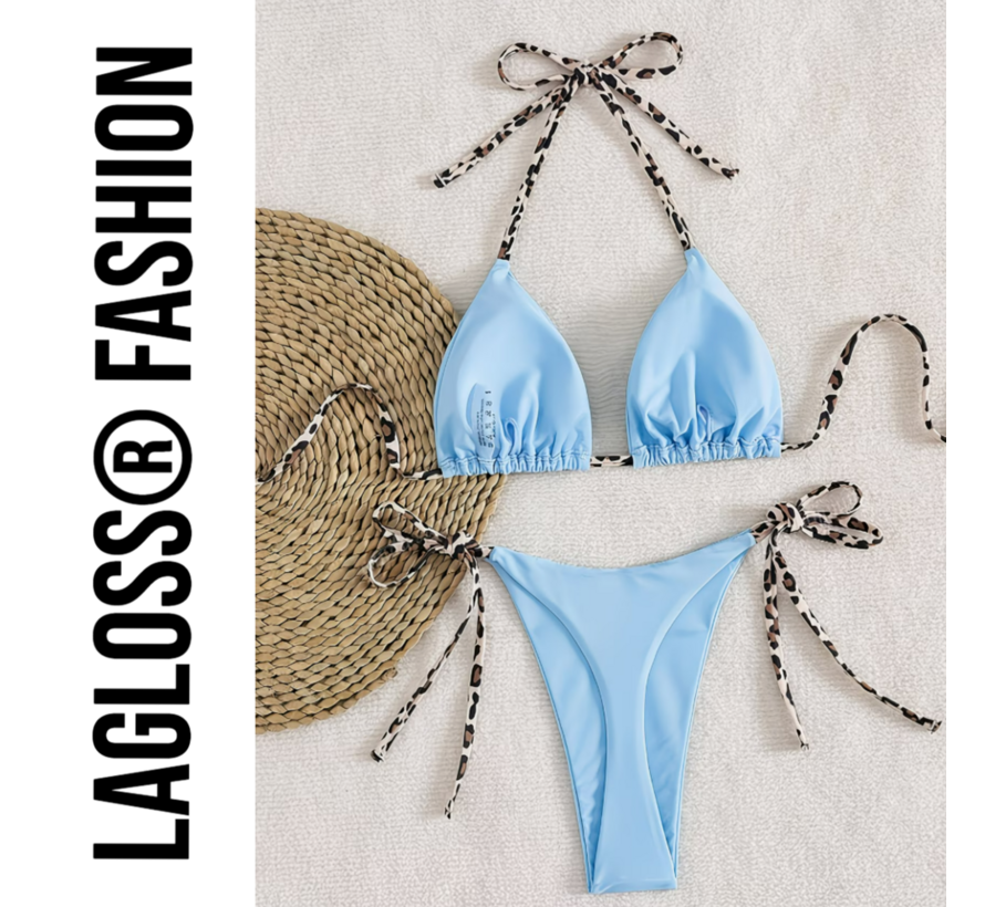 LaGloss® Dames Lichtblauw kleurige Bikini Set met Luipaardprint Bindkoorden - Halter Top – String Broekje – Low Waist – Zomer – Beach Fashion – Maat M