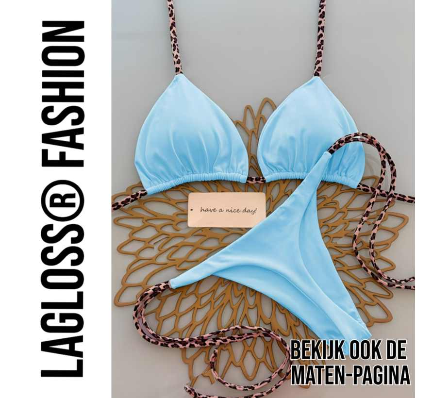 LaGloss® Dames Lichtblauw kleurige Bikini Set met Luipaardprint Bindkoorden - Halter Top – String Broekje – Low Waist – Zomer – Beach Fashion – Maat L