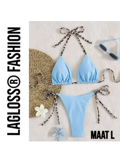 LaGloss Dames Lichtblauw kleurige Bikini Set met Luipaardprint Bindkoorden - Maat L