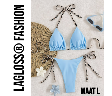 LaGloss Dames Lichtblauw kleurige Bikini Set met Luipaardprint Bindkoorden - Maat L