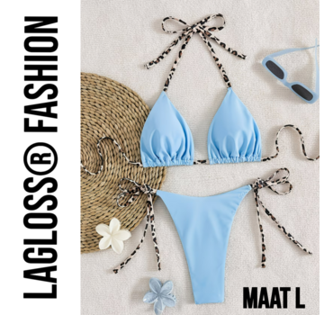 LaGloss Dames Lichtblauw kleurige Bikini Set met Luipaardprint Bindkoorden - Maat L