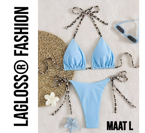 LaGloss LaGloss® Dames Lichtblauw kleurige Bikini Set met Luipaardprint Bindkoorden - Halter Top – String Broekje – Low Waist – Zomer – Beach Fashion – Maat L