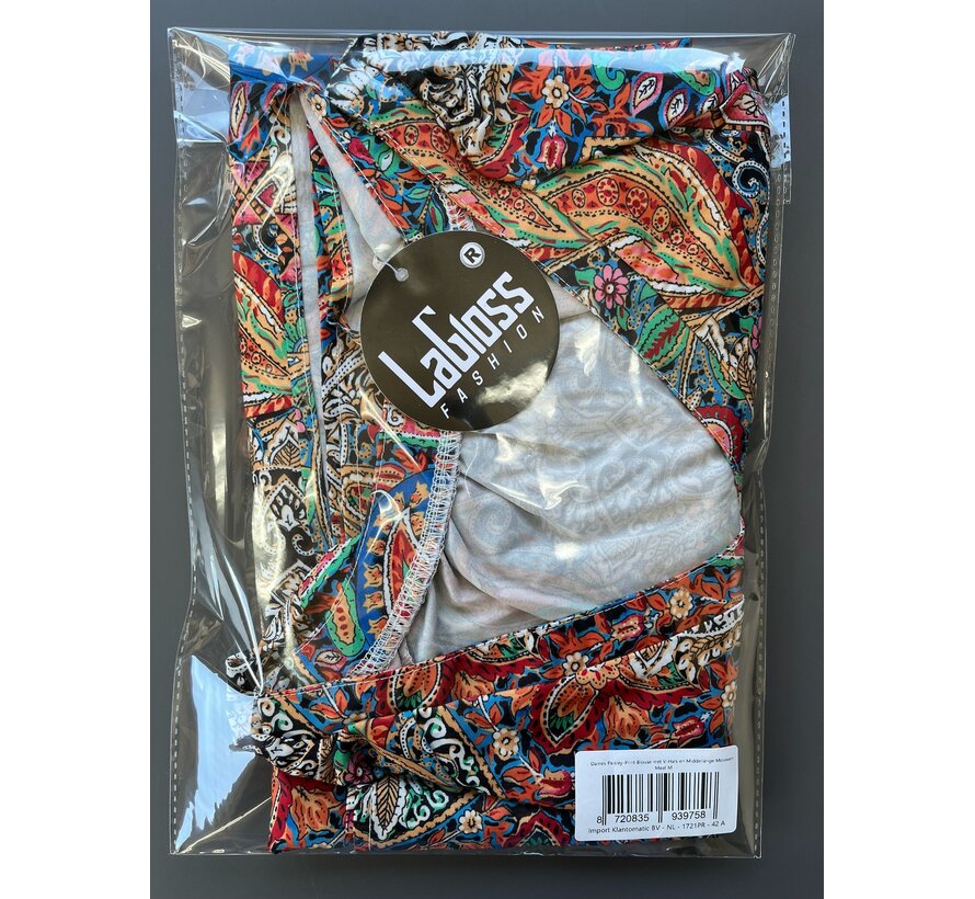LaGloss® Dames Paisley-Print Blouse met V-Hals en Middellange Mouwen – Elegante Losse Zomertop – Satijnachtige Stof en Korte Mouwen – Casual Chic – Maat M