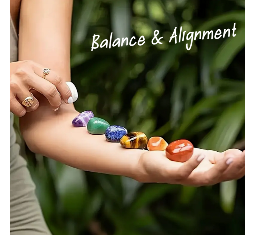 LaGloss® SET 7st Chakra Stenen en Ketting met Caduceus Hanger in Geschenkverpakking – Healing Relax - Spiritueel Sieraad