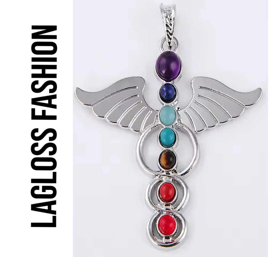 LaGloss® SET 7st Chakra Stenen en Ketting met Caduceus Hanger in Geschenkverpakking – Healing Relax - Spiritueel Sieraad
