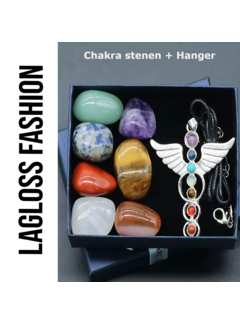 LaGloss SET 7st Chakra Stenen en Ketting met Caduceus Hanger in Geschenkverpakking