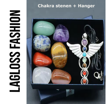 LaGloss SET 7st Chakra Stenen en Ketting met Caduceus Hanger in Geschenkverpakking