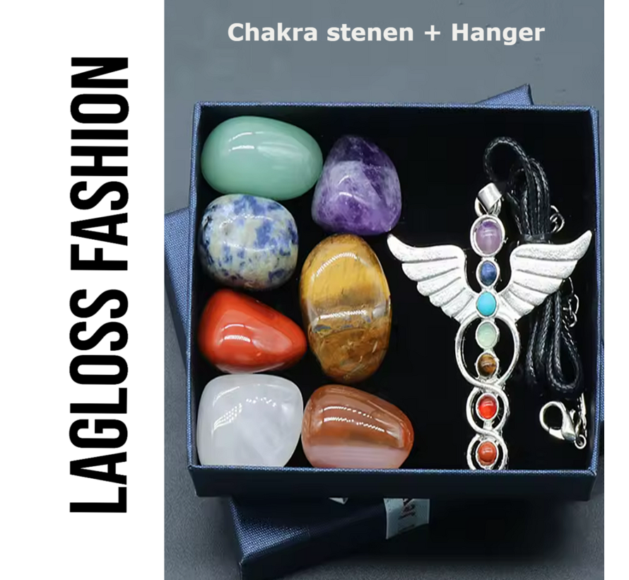LaGloss® SET 7st Chakra Stenen en Ketting met Caduceus Hanger in Geschenkverpakking – Healing Relax - Spiritueel Sieraad