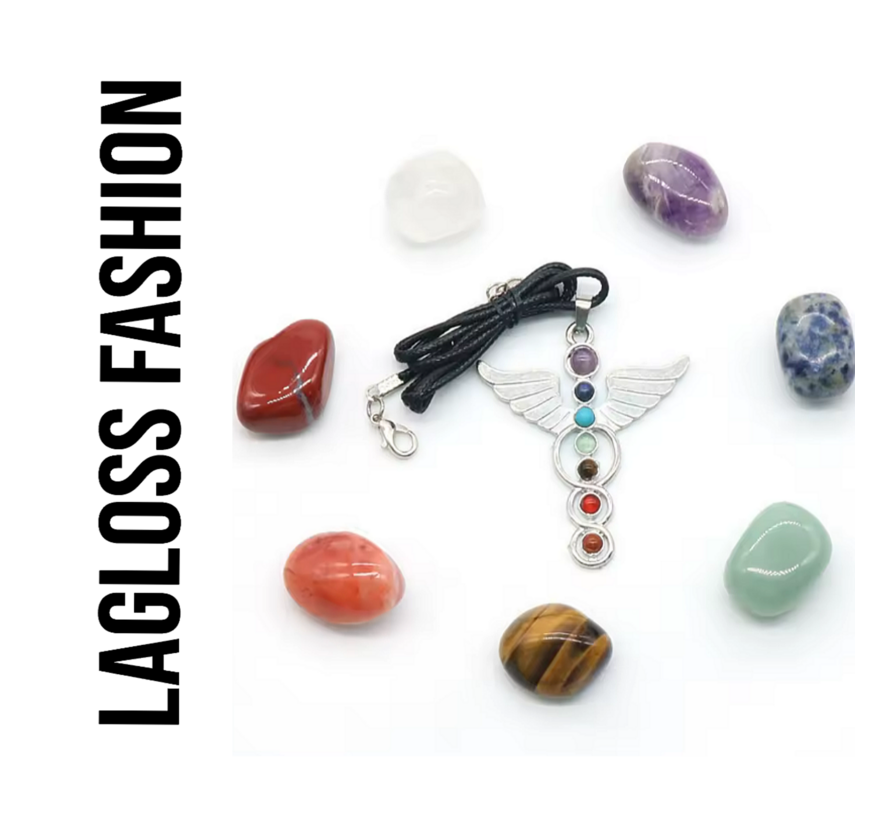 LaGloss® SET 7st Chakra Stenen en Ketting met Caduceus Hanger in Geschenkverpakking – Healing Relax - Spiritueel Sieraad