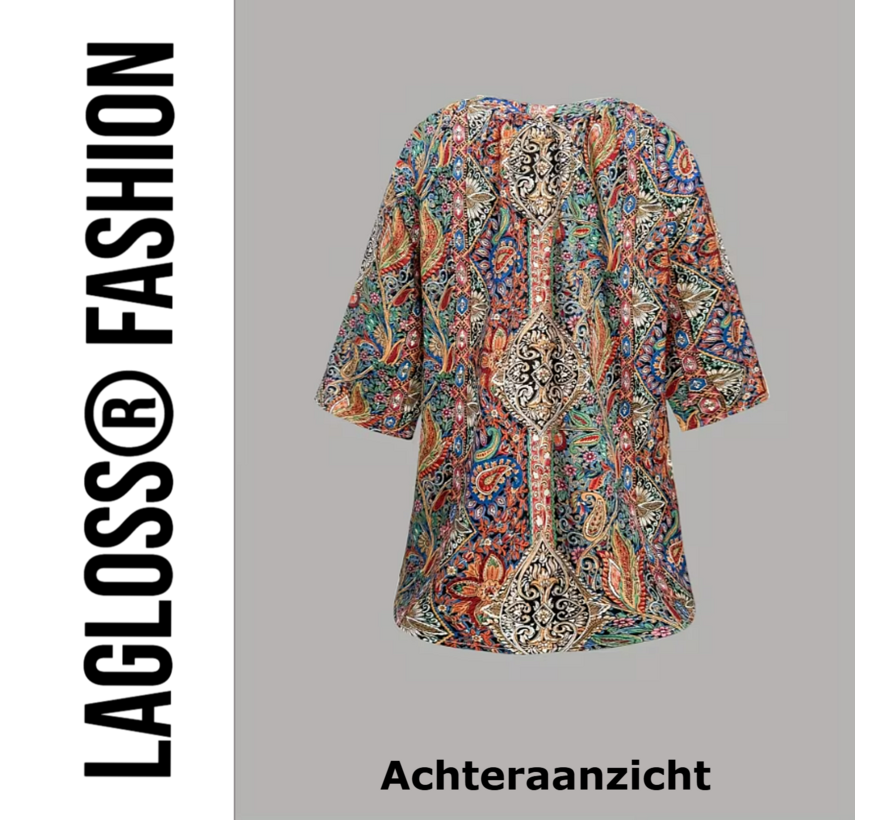 LaGloss® Dames Paisley-Print Blouse met V-Hals en Middellange Mouwen – Elegante Losse Zomertop – Satijnachtige Stof en Korte Mouwen – Casual Chic – Maat M
