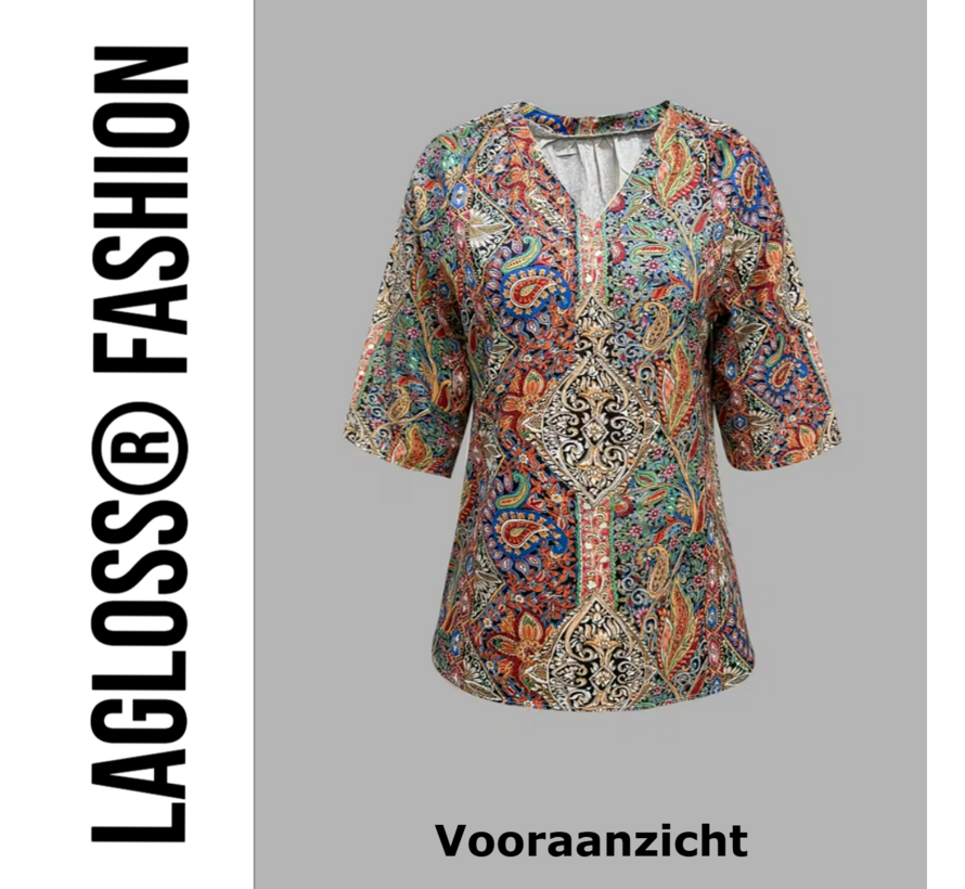 LaGloss® Dames Paisley-Print Blouse met V-Hals en Middellange Mouwen – Elegante Losse Zomertop – Satijnachtige Stof en Korte Mouwen – Casual Chic – Maat M