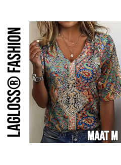 LaGloss Dames Paisley-Print Blouse met V-Hals en Middellange Mouwen – Maat M