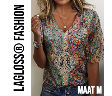 LaGloss Dames Paisley-Print Blouse met V-Hals en Middellange Mouwen – Maat M
