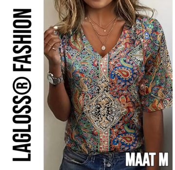 LaGloss Dames Paisley-Print Blouse met V-Hals en Middellange Mouwen – Maat M