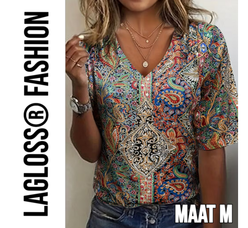 LaGloss LaGloss® Dames Paisley-Print Blouse met V-Hals en Middellange Mouwen – Elegante Losse Zomertop – Satijnachtige Stof en Korte Mouwen – Casual Chic – Maat M