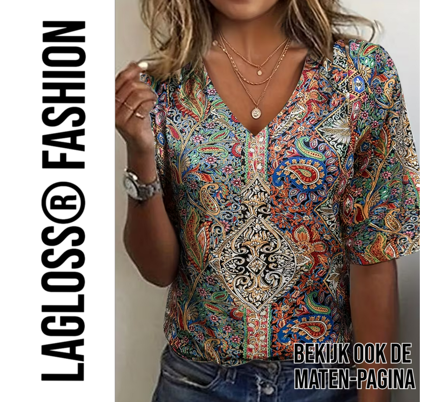 LaGloss® Dames Paisley-Print Blouse met V-Hals en Middellange Mouwen – Elegante Losse Zomertop – Satijnachtige Stof en Korte Mouwen – Casual Chic – Maat M