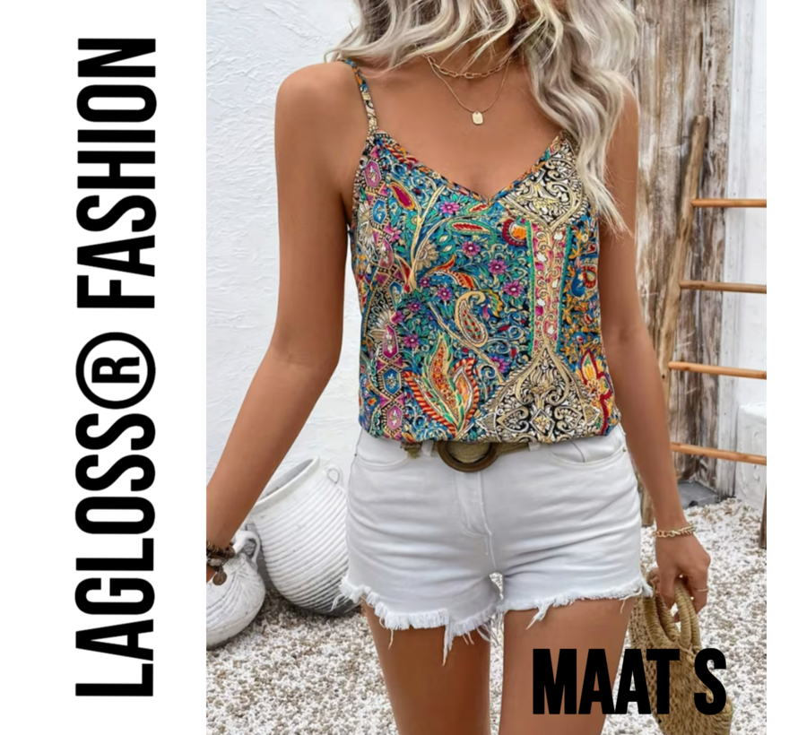LaGloss® Paisley Top Dames Mouwloos – Tanktop Bohemian Zomertop met V-Hals – Luchtig & Elegant – Maat S