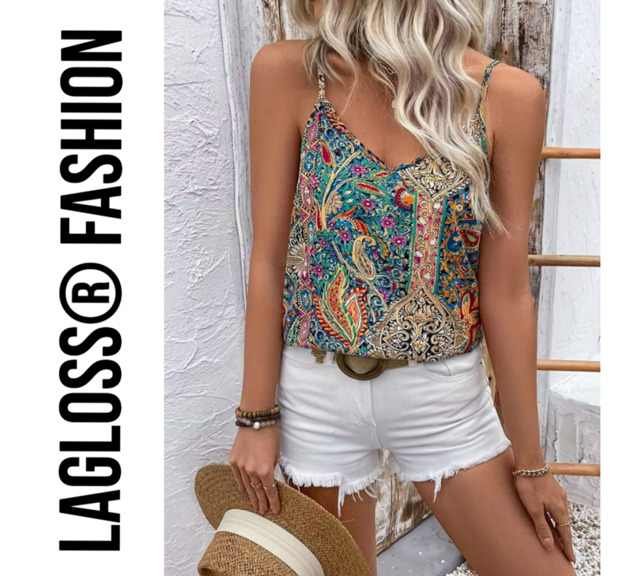 LaGloss® Paisley Top Dames Mouwloos – Tanktop Bohemian Zomertop met V-Hals – Luchtig & Elegant – Maat XL