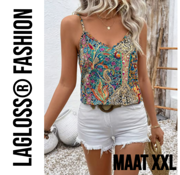 LaGloss Dames Paisley Top Dames Mouwloos met V-Hals - Maat XXL