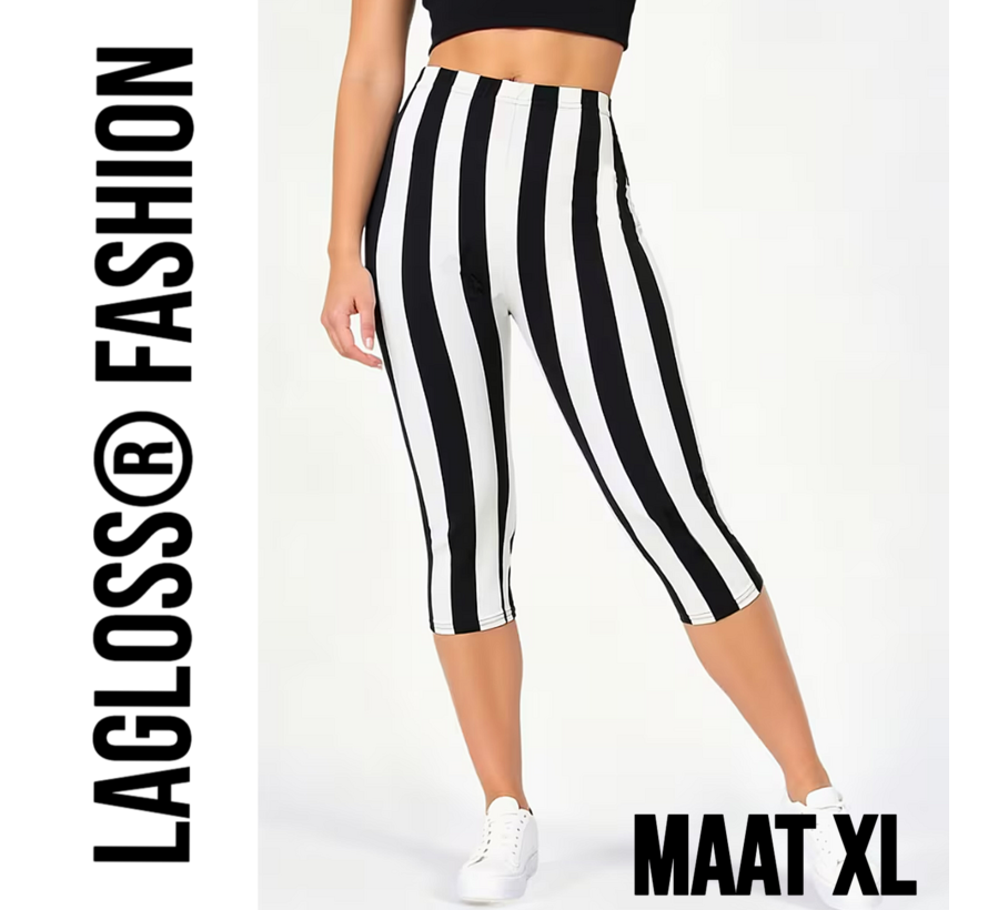 LaGloss® Dames 3/4 Yoga Legging Met Hoge Taille Zwart & Wit Gestreept – Hoge Stretch Sportlegging – Comfortabele Gym & Yoga Broek – Maat XL