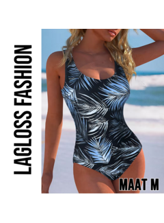 LaGloss Dames Eendelig Badpak in Wit Blauw & Zwart Palmblad Print – Maat M