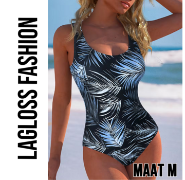 LaGloss Dames Eendelig Badpak in Wit Blauw & Zwart Palmblad Print – Maat M