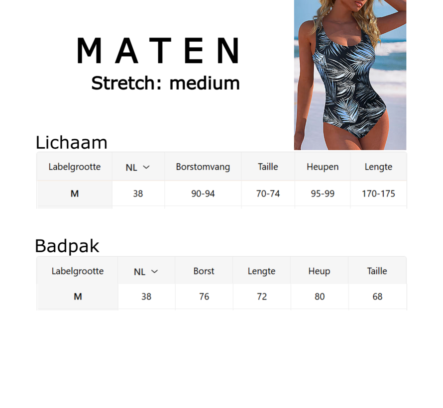 LaGloss® Dames Eendelig Badpak in Wit Blauw & Zwart Palmblad Print – Ronde Hals, Elegante Volledige Bedekking – Zwemkleding voor Strand, Zwembad & Vakantie – Maat M
