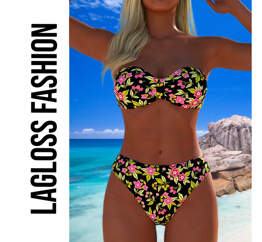 LaGloss® Trendy Strapless Bikini Set – 2-delige Bloemenprint Badmode voor Dames – Strapless Top & Bikini Slip – Maat M