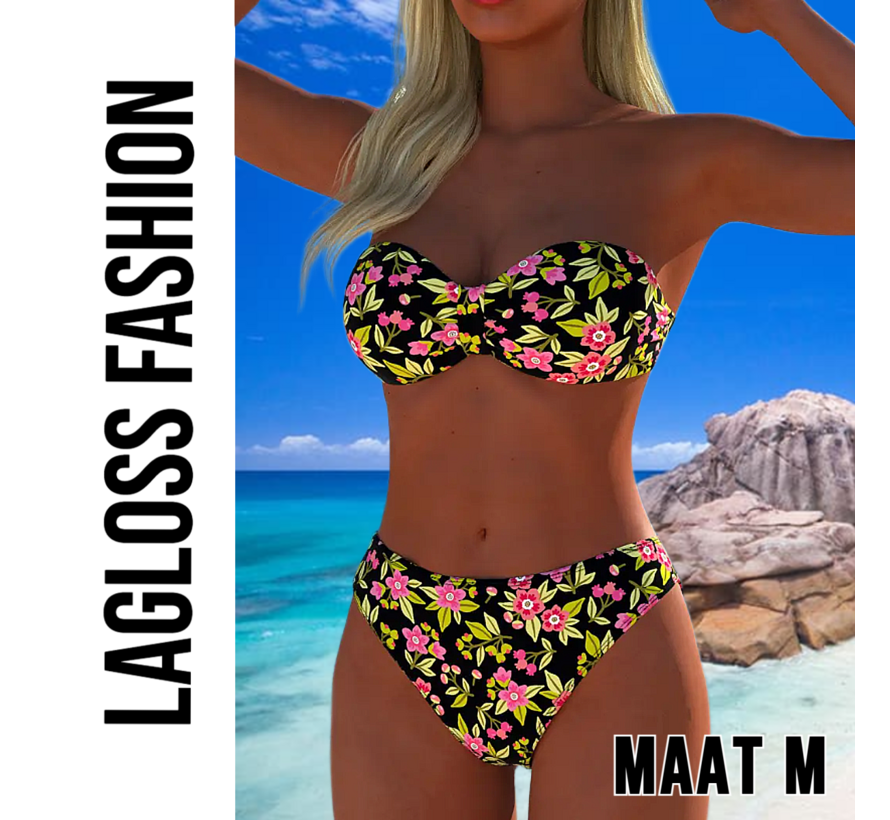 LaGloss® Trendy Strapless Bikini Set – 2-delige Bloemenprint Badmode voor Dames – Strapless Top & Bikini Slip – Maat M
