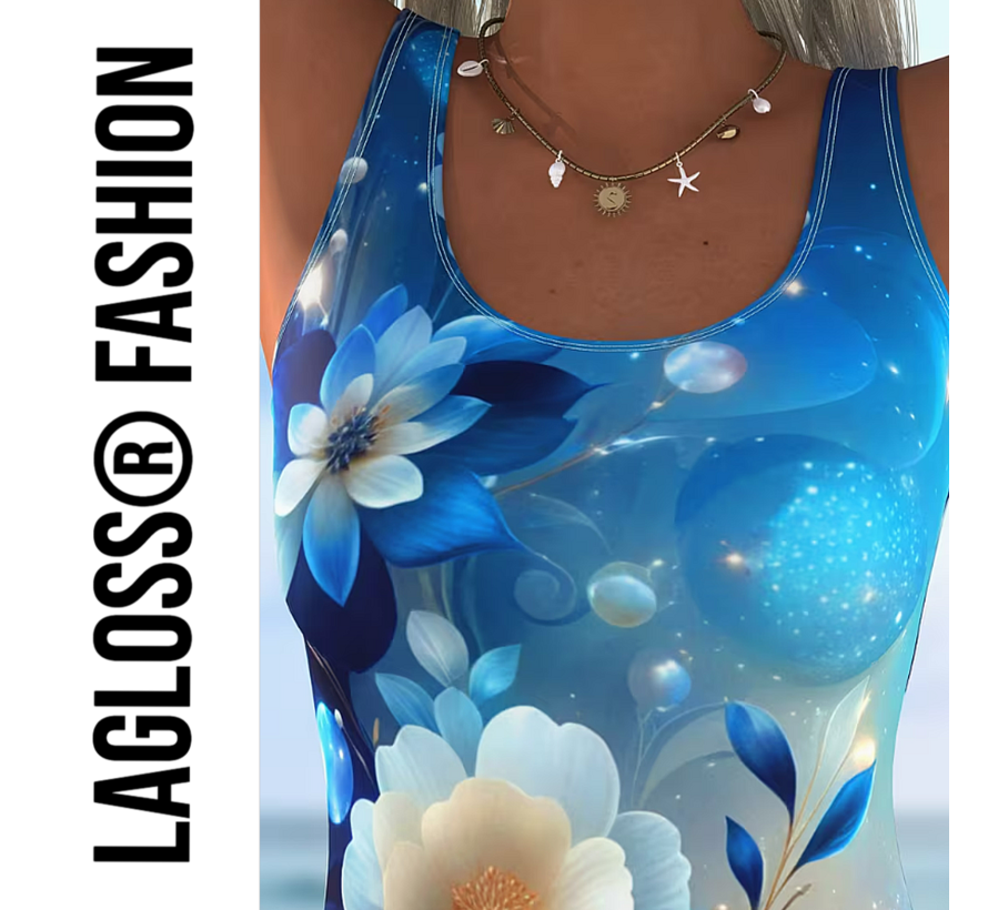 LaGloss® Eendelig Blauw-Witte Bloemen Dames Badpak met Open Rug - Sexy Zwempak – Badkleding – Strandmode – Beach Fashion – Maat XL