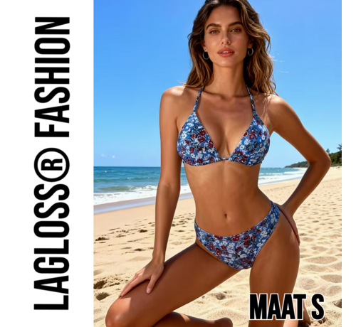 LaGloss LaGloss® 2-Delige Bikini Set Blauwe Bloemen Dames – Triangel Halter Badpak – Zomermode – Beach Fashion – Maat S