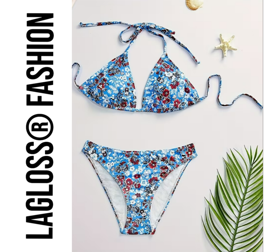 LaGloss® 2-Delige Bikini Set Blauwe Bloemen Dames – Triangel Halter Badpak – Zomermode – Beach Fashion – Maat M