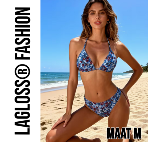 LaGloss LaGloss® 2-Delige Bikini Set Blauwe Bloemen Dames – Triangel Halter Badpak – Zomermode – Beach Fashion – Maat M
